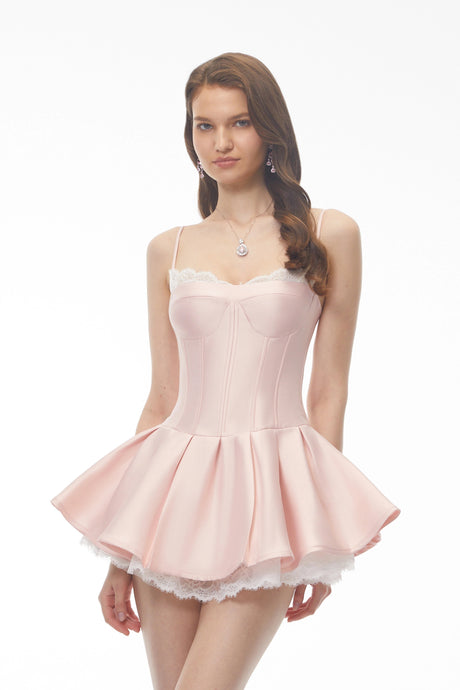 Genoveffa Mini Dress Baby Pink Ruffled with Lace Trim