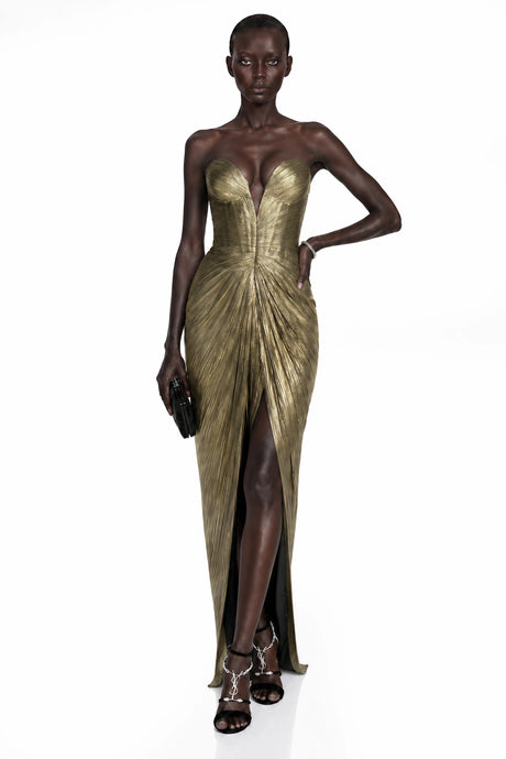 Nunzia Maxi Dress Gold Off-Shoulder