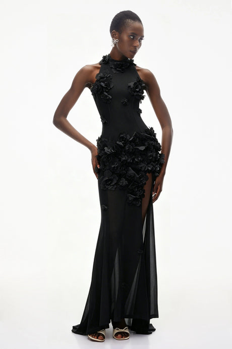 Ellie Maxi Dress Black Halterneck with 3D Florals