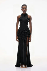 Guinevere Black Halterneck Maxi Dress with 3D Florals