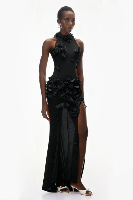 Ellie Maxi Dress Black Halterneck with 3D Florals
