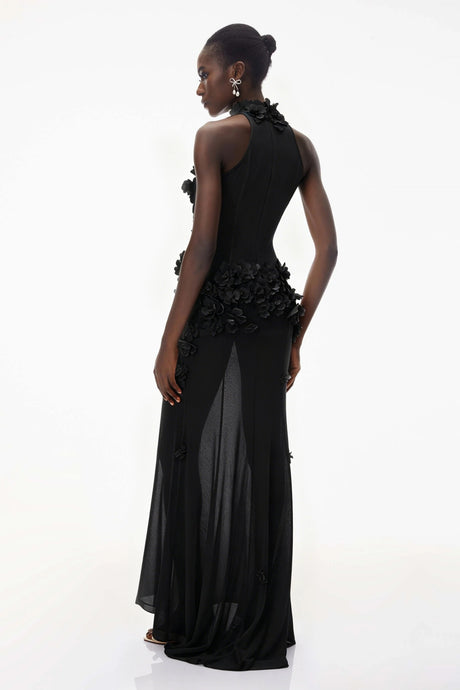 Ellie Maxi Dress Black Halterneck with 3D Florals