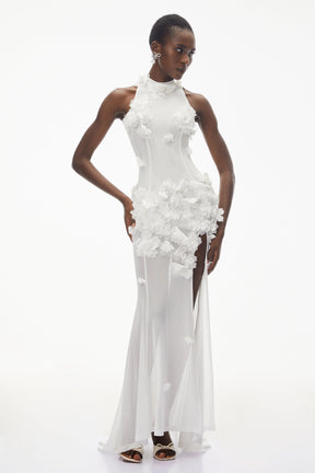 Guinevere White Halterneck Maxi Dress with 3D Florals
