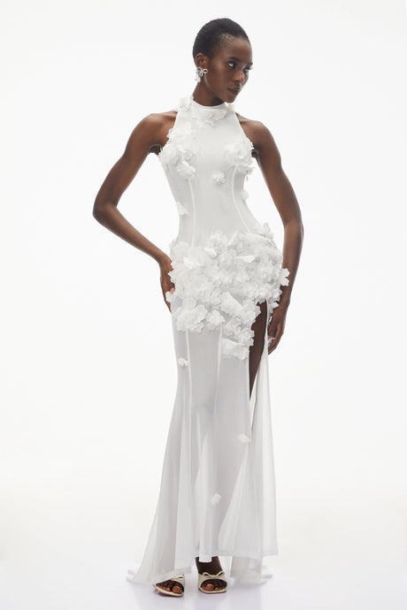 Marianna Maxi Dress White Halterneck with 3D Florals