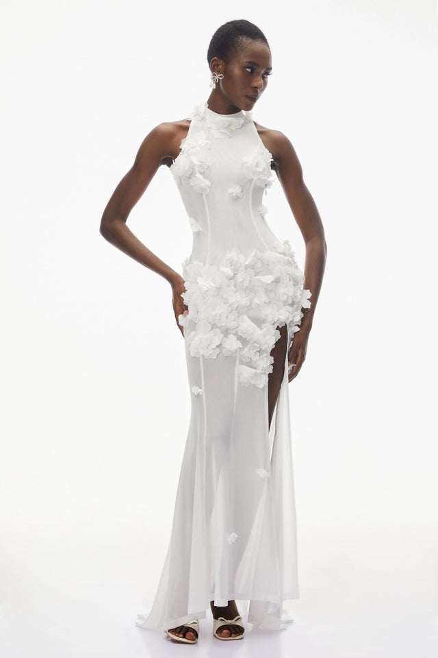 Guinevere White Halterneck Maxi Dress with 3D Florals