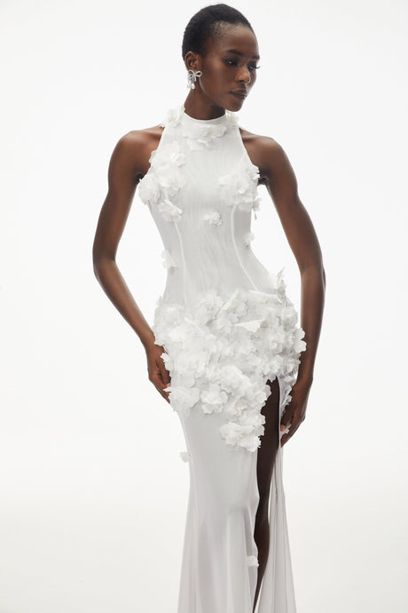 Marianna Maxi Dress White Halterneck with 3D Florals