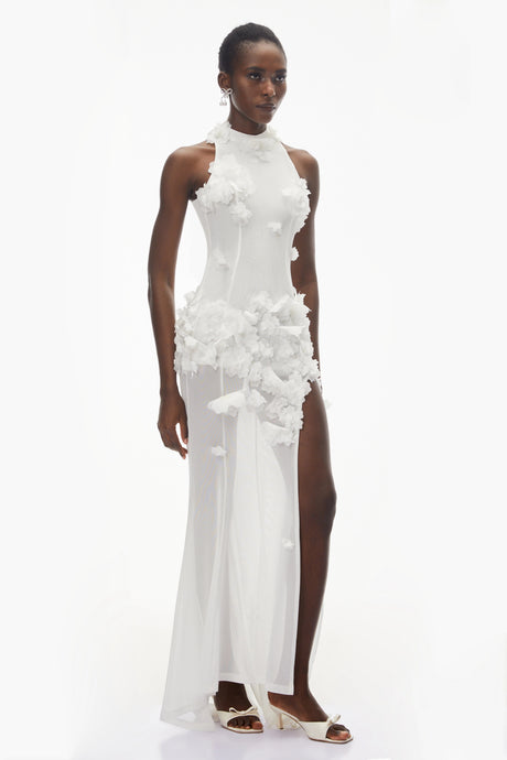 Marianna Maxi Dress White Halterneck with 3D Florals