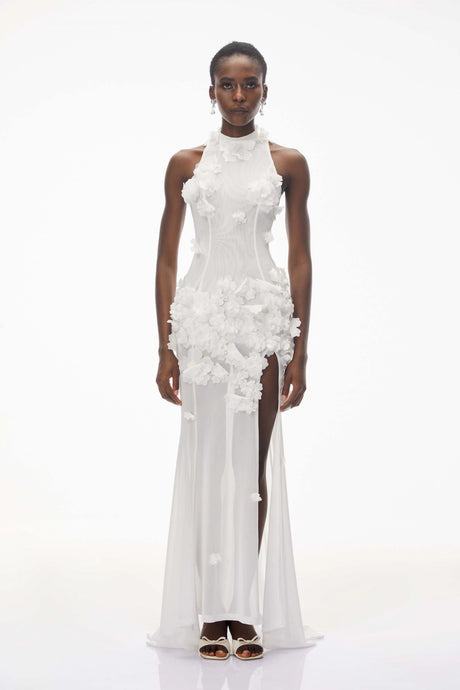 Marianna Maxi Dress White Halterneck with 3D Florals