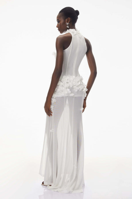 Marianna Maxi Dress White Halterneck with 3D Florals