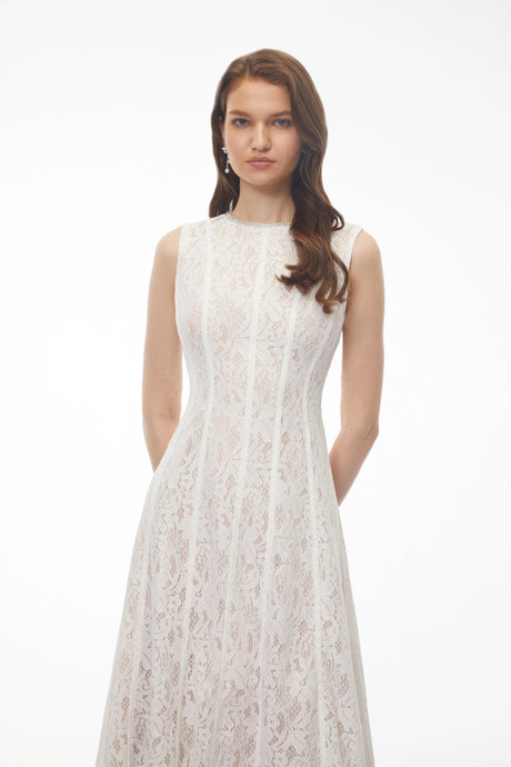 Fiorella Midi Dress White Sleeveless Floral Lace