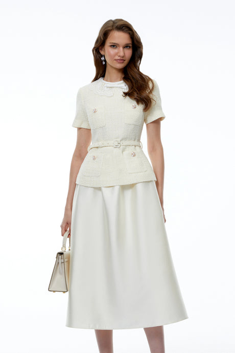 Lacey Midi Dress White Tweed with Bow