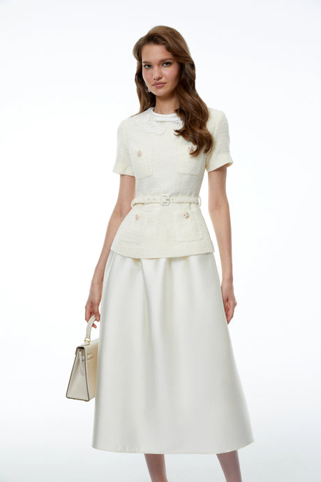 Lacey Midi Dress White Tweed with Bow