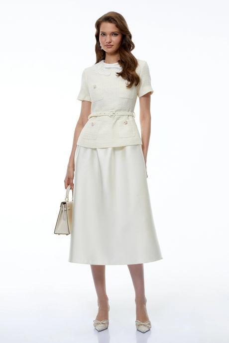 Lacey Midi Dress White Tweed with Bow
