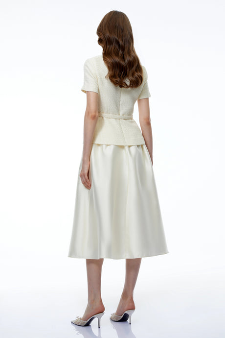 Lacey Midi Dress White Tweed with Bow