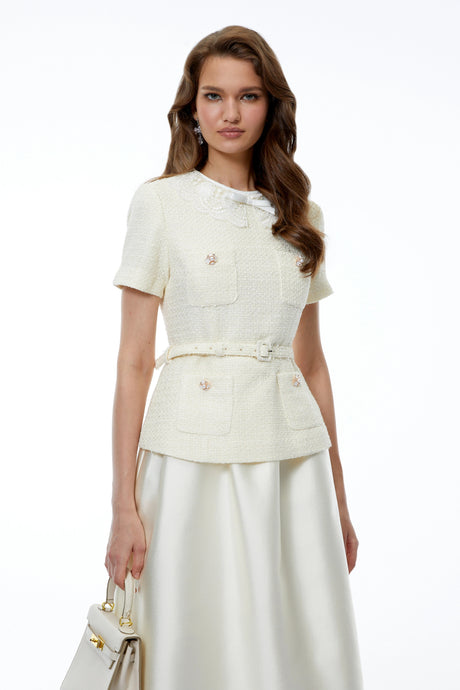 Lacey Midi Dress White Tweed with Bow