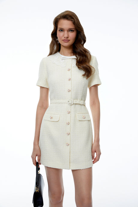 Iliana Mini Dress White Tweed with Bow