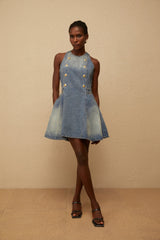 Gunnel Blue Faded Effect Denim Mini Dress