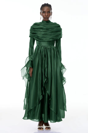 Gustave Green Ruched Cape Ruffled Maxi Dress