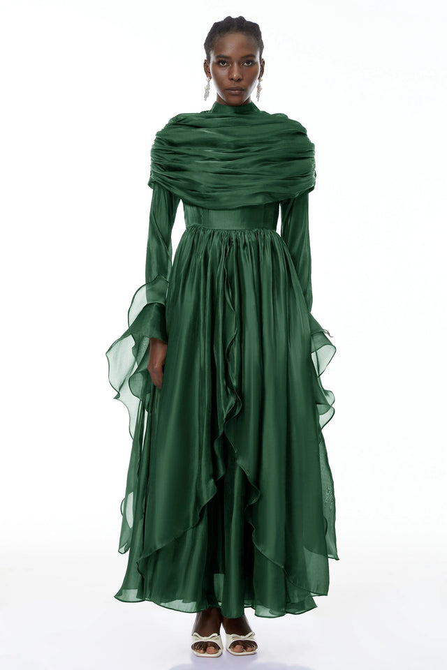 Gustave Green Ruched Cape Ruffled Maxi Dress