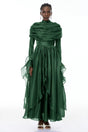 Gustave Green Ruched Cape Ruffled Maxi Dress
