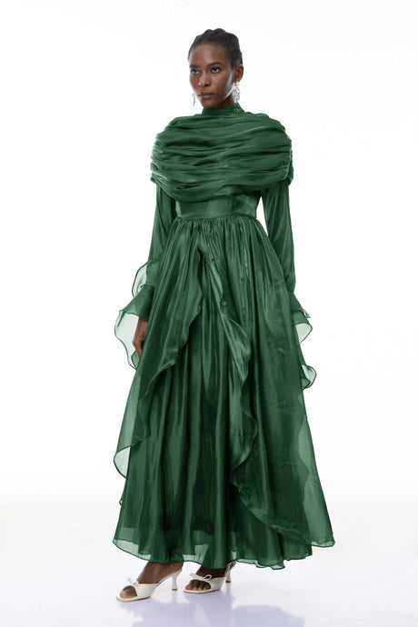 Liana Maxi Dress Green Ruched Cape Ruffled