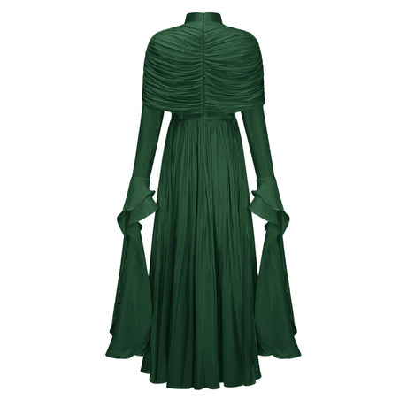 Liana Maxi Dress Green Ruched Cape Ruffled
