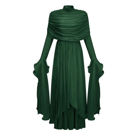 Liana Maxi Dress Green Ruched Cape Ruffled