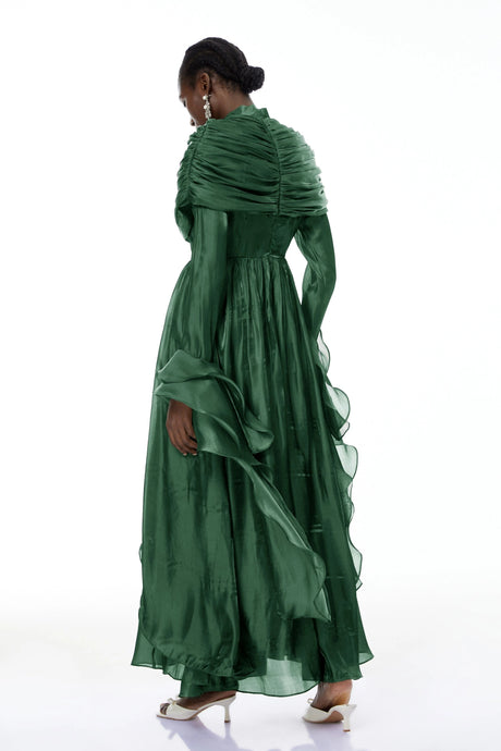 Liana Maxi Dress Green Ruched Cape Ruffled