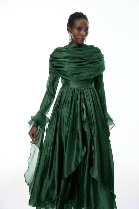 Liana Maxi Dress Green Ruched Cape Ruffled