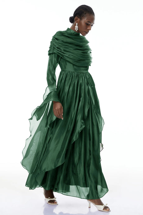 Liana Maxi Dress Green Ruched Cape Ruffled