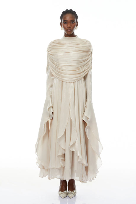 Caterinella Maxi Dress Neutral Ruched Cape Ruffled