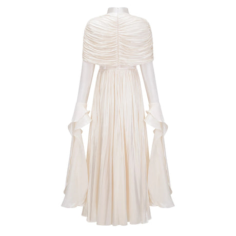 Caterinella Maxi Dress Neutral Ruched Cape Ruffled