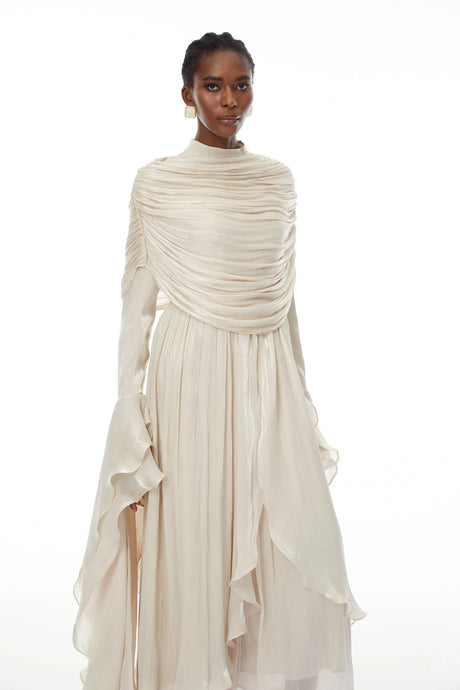 Caterinella Maxi Dress Neutral Ruched Cape Ruffled