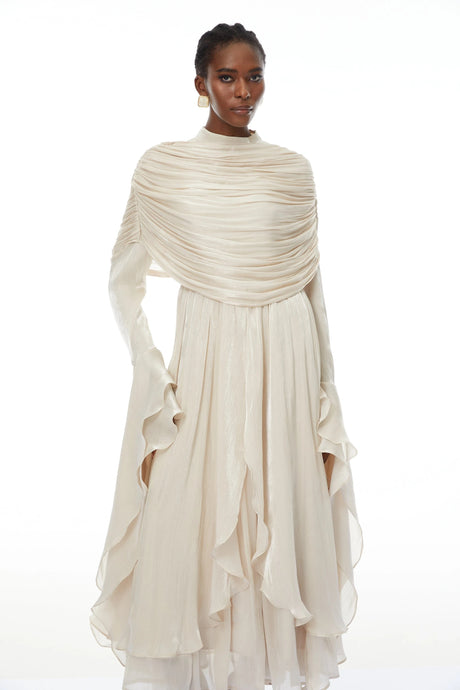 Caterinella Maxi Dress Neutral Ruched Cape Ruffled