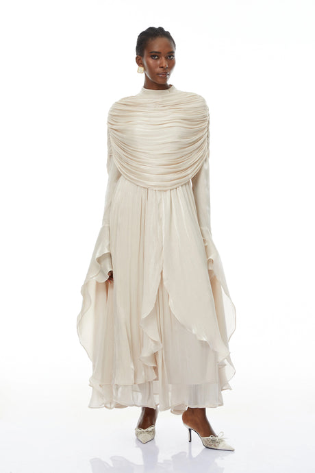 Caterinella Maxi Dress Neutral Ruched Cape Ruffled