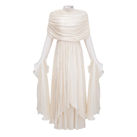 Caterinella Maxi Dress Neutral Ruched Cape Ruffled