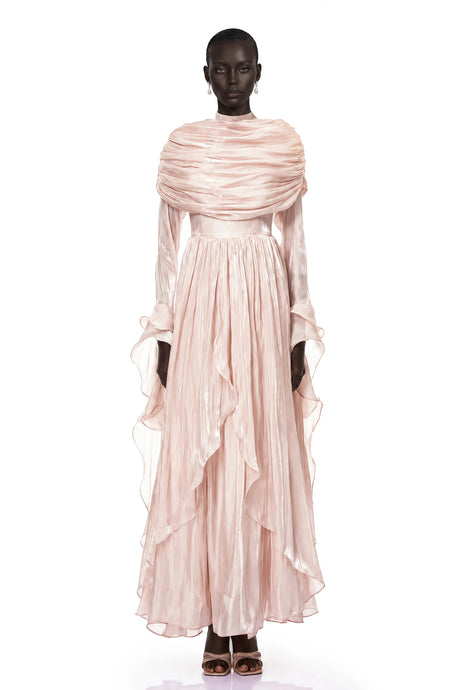 Tiana Maxi Dress Pink Ruched Cape Ruffled