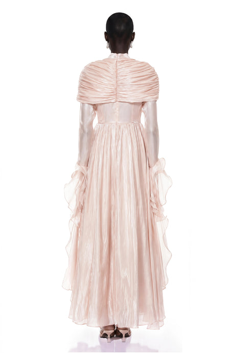Tiana Maxi Dress Pink Ruched Cape Ruffled