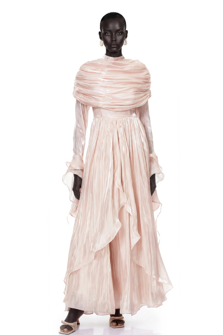 Tiana Maxi Dress Pink Ruched Cape Ruffled
