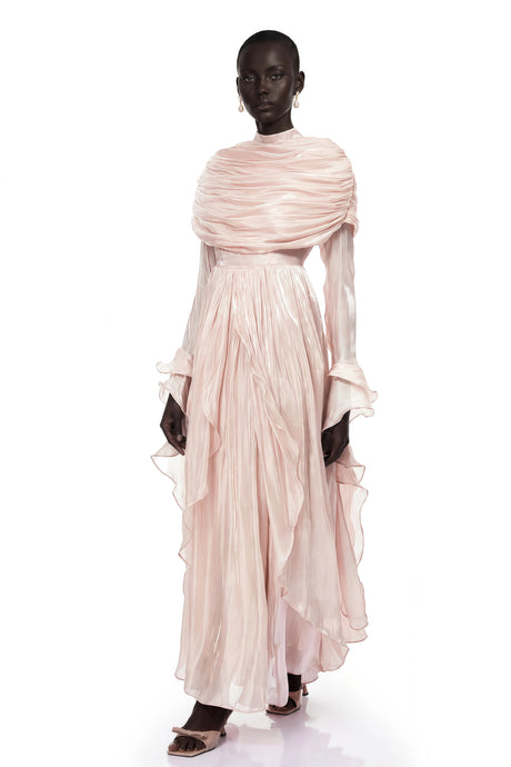 Tiana Maxi Dress Pink Ruched Cape Ruffled