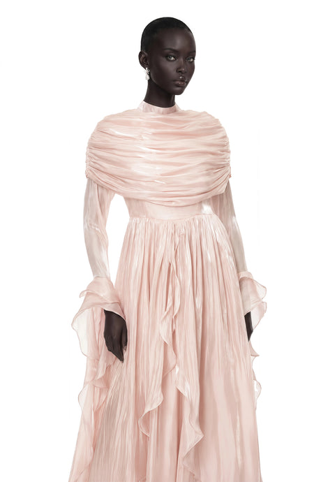 Tiana Maxi Dress Pink Ruched Cape Ruffled