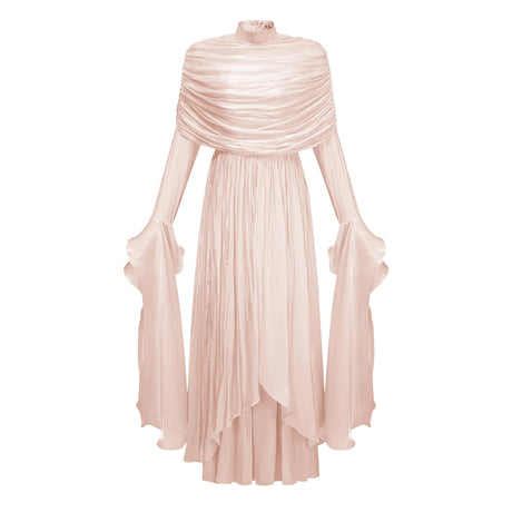 Tiana Maxi Dress Pink Ruched Cape Ruffled