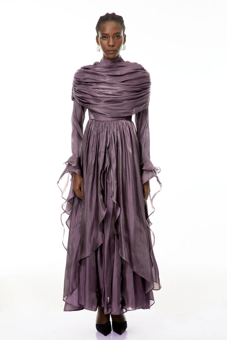 Emilee Maxi Dress Purple Ruched Cape Ruffled