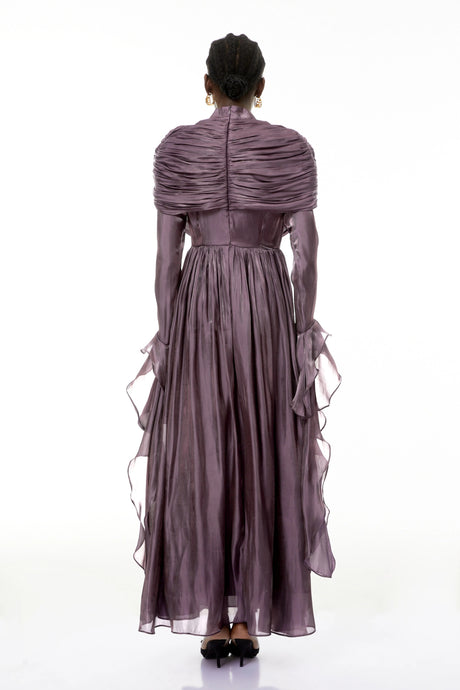 Emilee Maxi Dress Purple Ruched Cape Ruffled