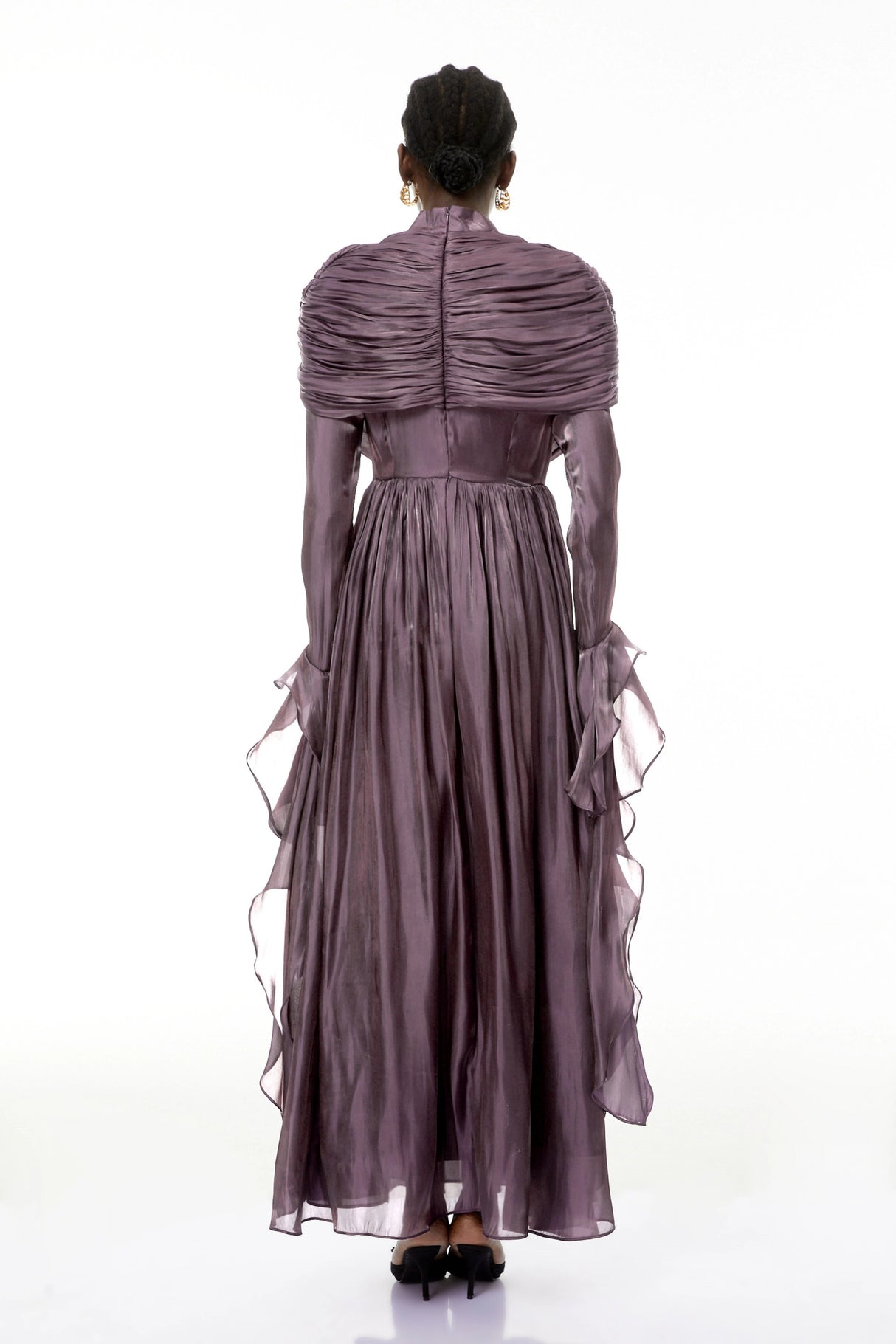 Gustave Purple Ruched Cape Ruffled Maxi Dress