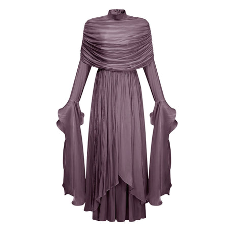 Emilee Maxi Dress Purple Ruched Cape Ruffled