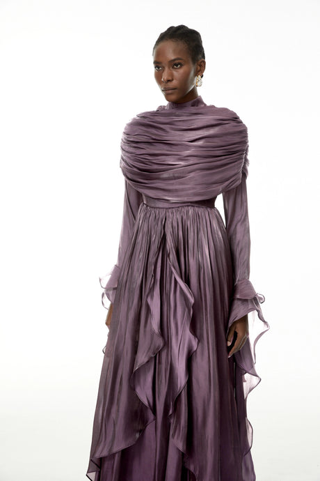 Emilee Maxi Dress Purple Ruched Cape Ruffled