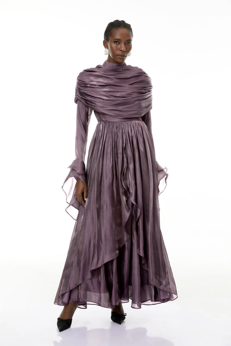 Emilee Maxi Dress Purple Ruched Cape Ruffled