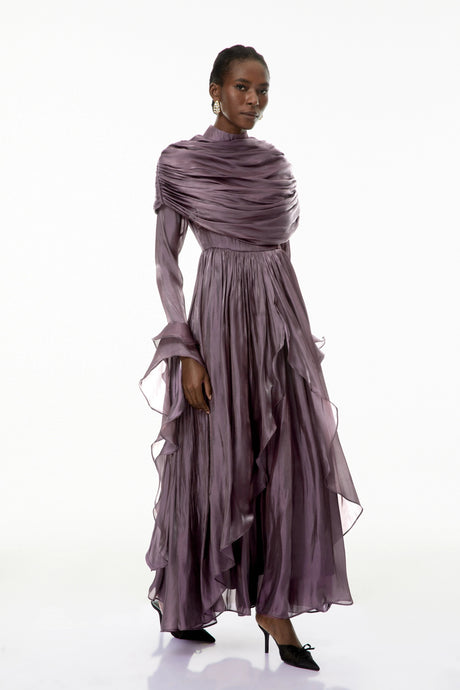 Emilee Maxi Dress Purple Ruched Cape Ruffled