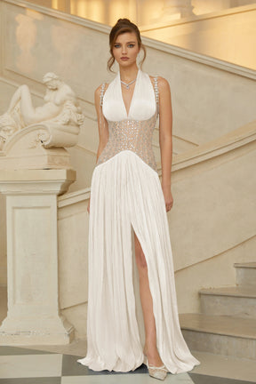 Gwenaëlle White Rhinestone Panel Maxi Dress